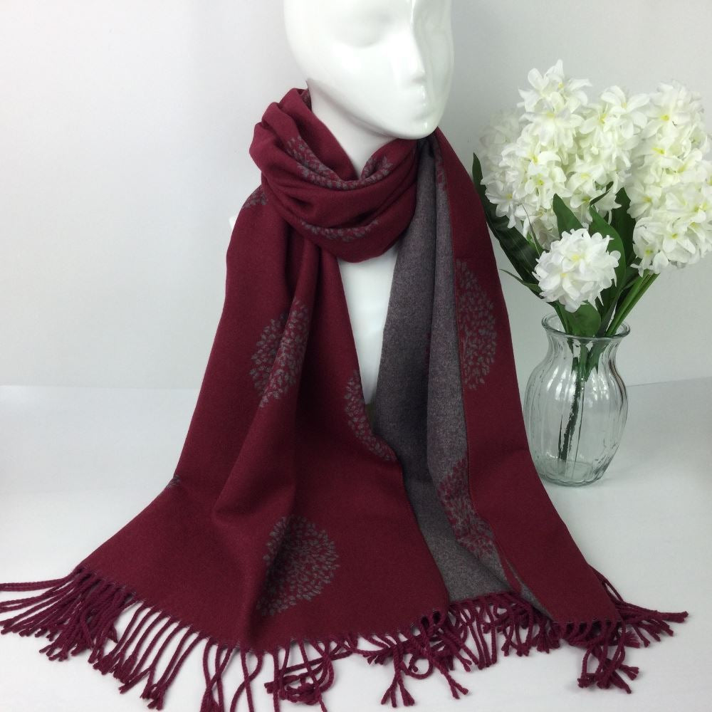 Tree pattern reversible winter scarf - Burgundy & grey