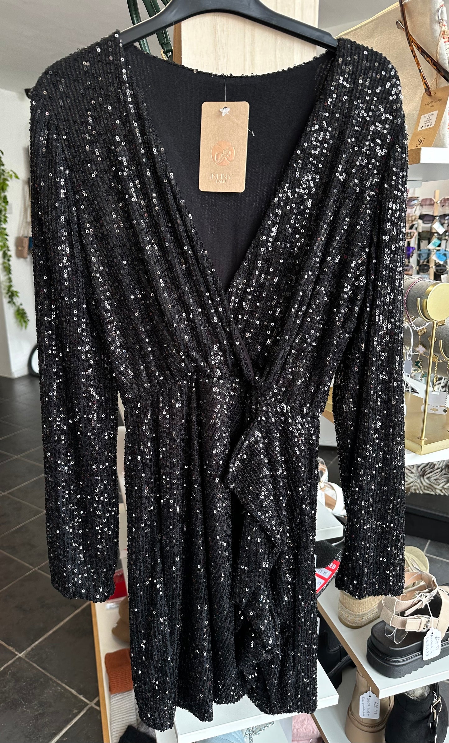 Black sequin long sleeve mini dress