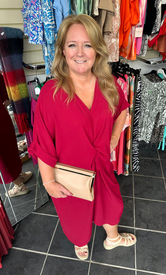 Burgundy twist front midi dress