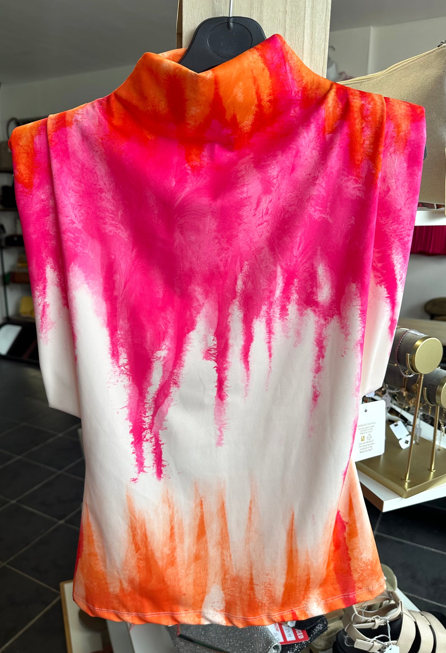 Pink & orange abstract padded shoulder top