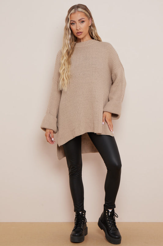 Beige dip hem oversized knit jumper