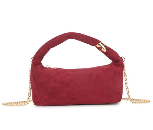 Suede top-handle bag with gold chain strap - Burgundy