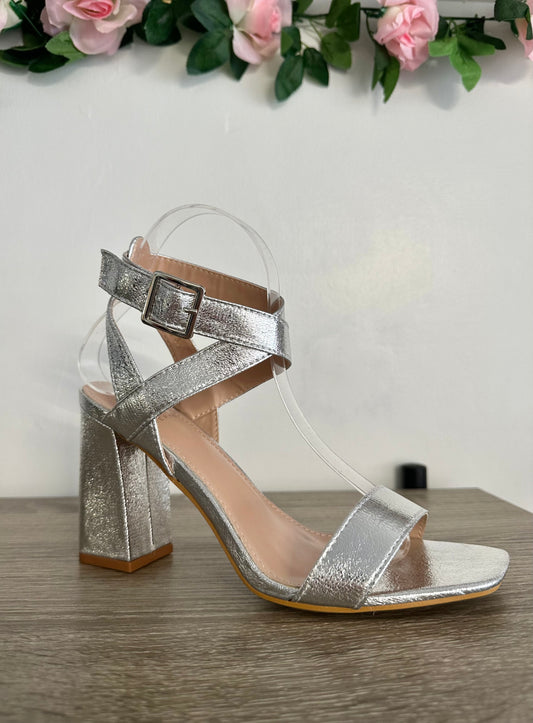 Silver metallic strappy block heels