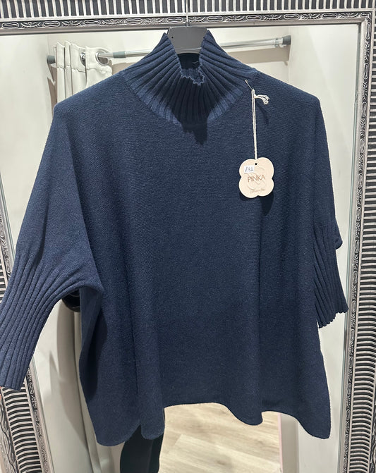 Funnel neck knitted 3/4 sleeve jumper - Navy