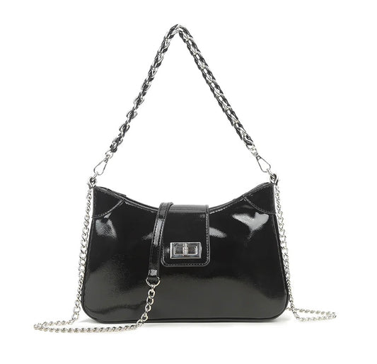 Black glossy shoulder bag with duo strap detail (long and short chain straps)