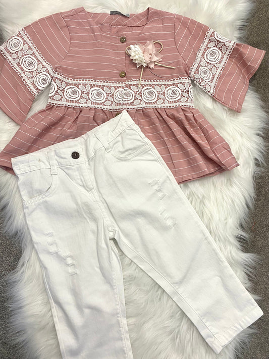 Pink & White stripe blouse & White jeans set