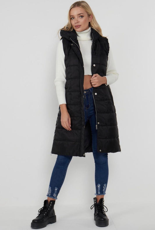 Black long padded gilet with hood