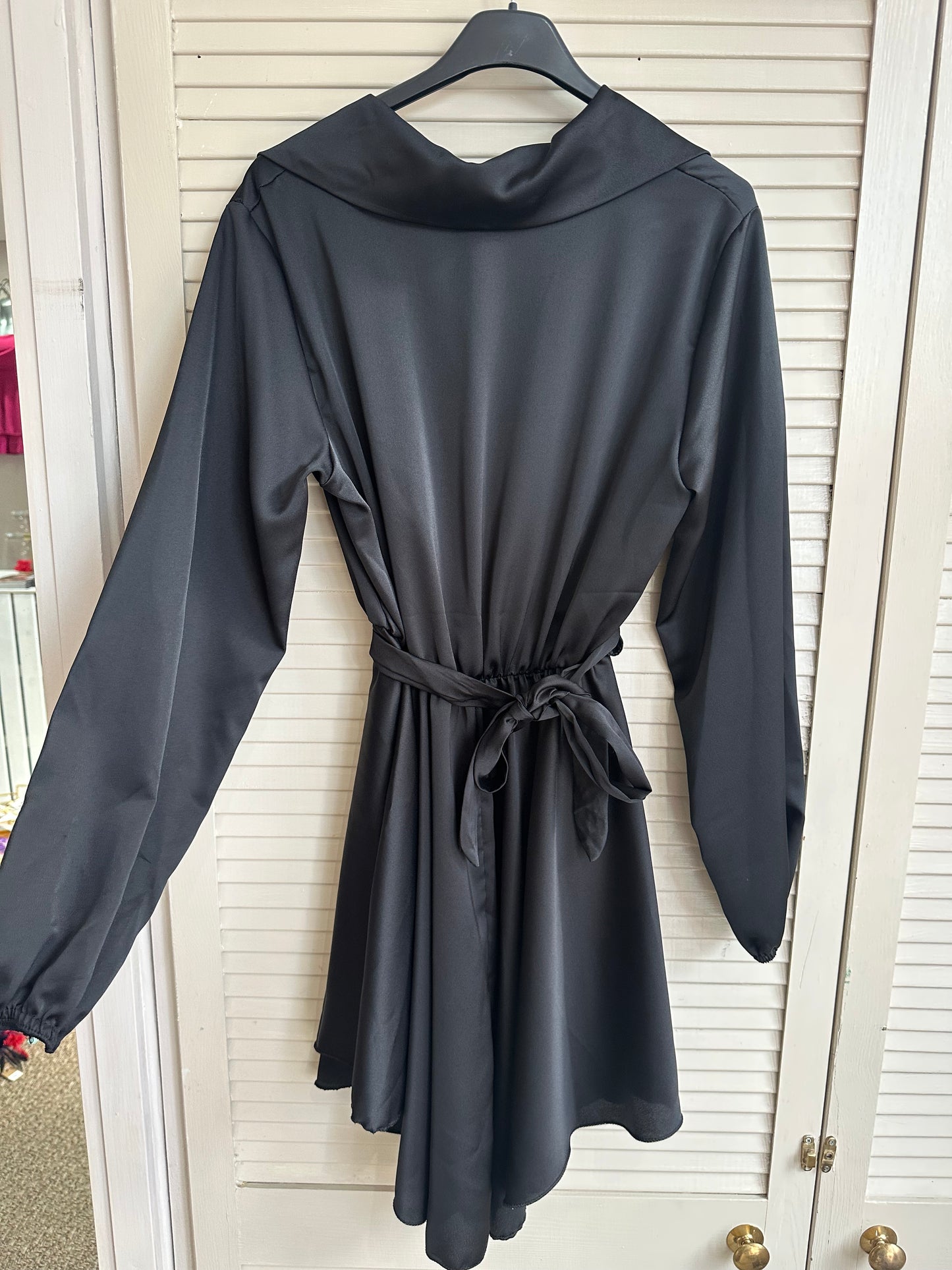 Black button down belted mini dress