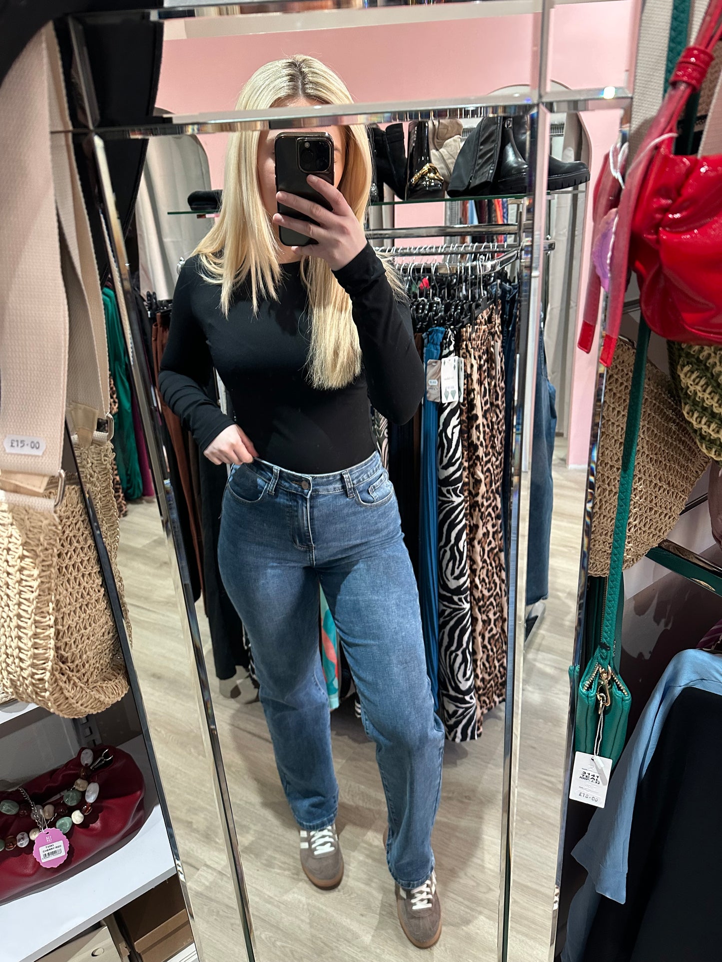 Blue stretchy high waist straight leg jeans