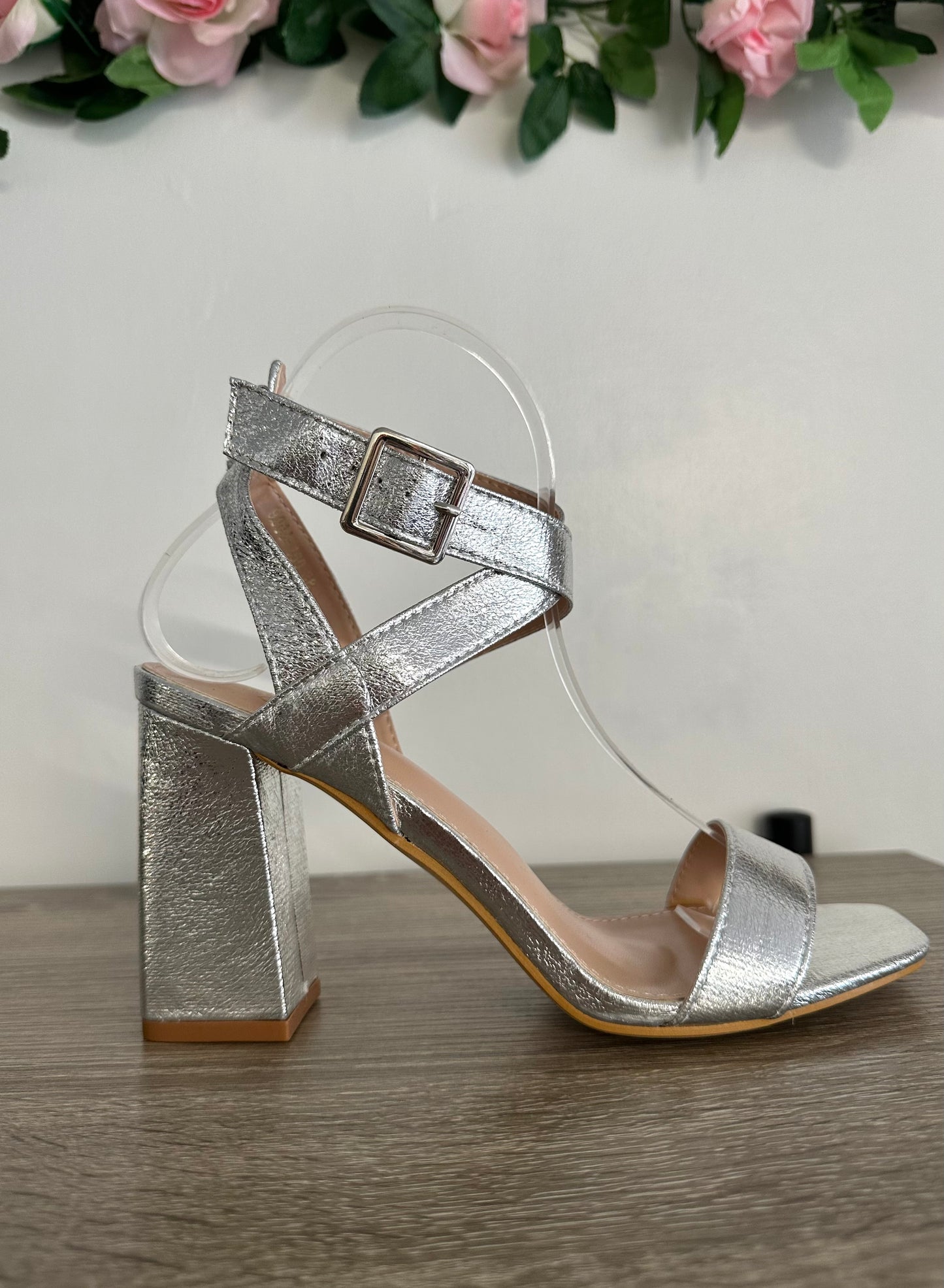 Silver metallic strappy block heels