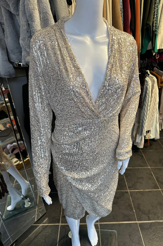 Gold sequin plunge neck dress