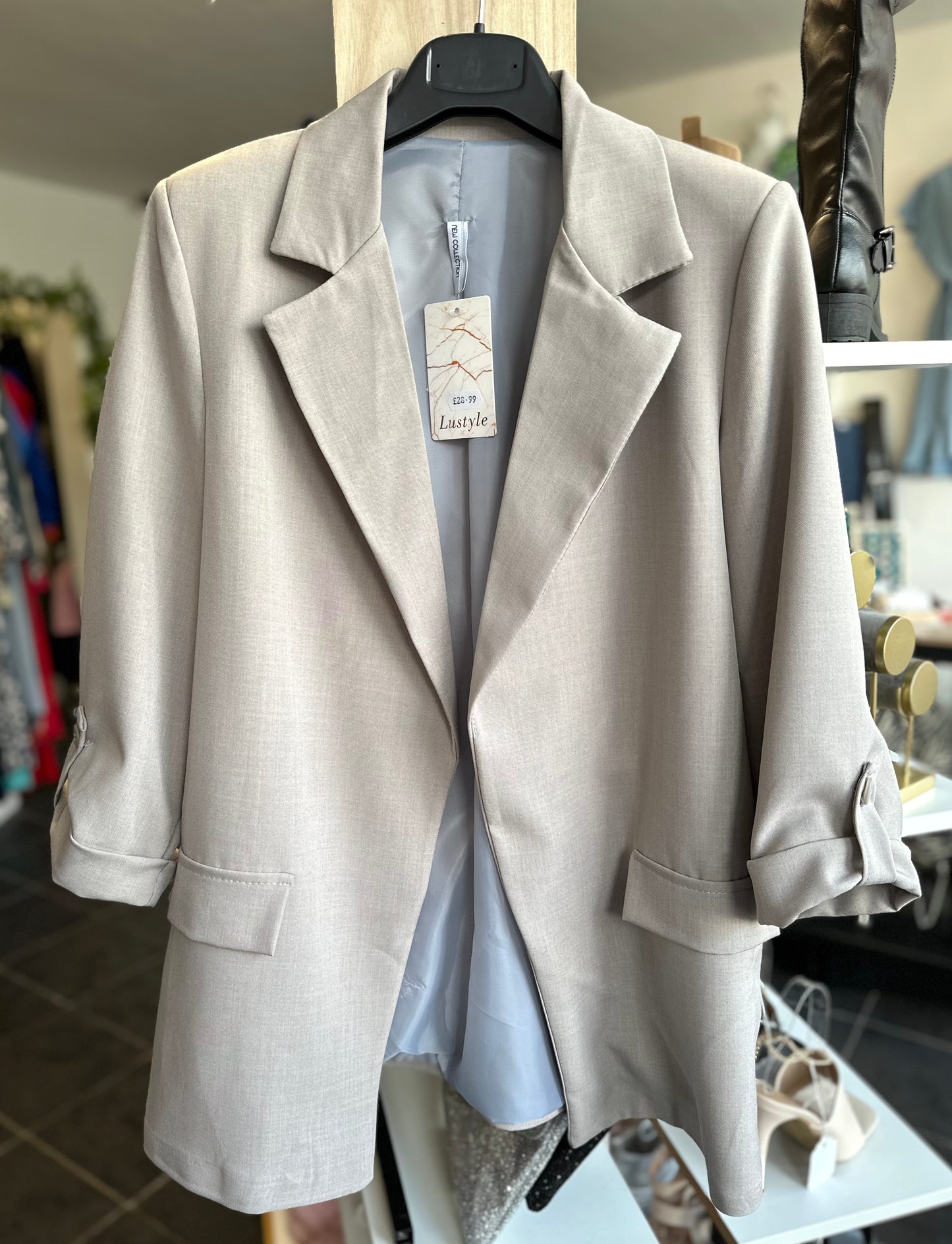 Grey rolled sleeve open blazer