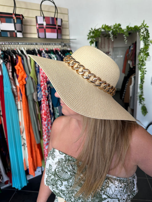 Beige & gold chain detail beach hat