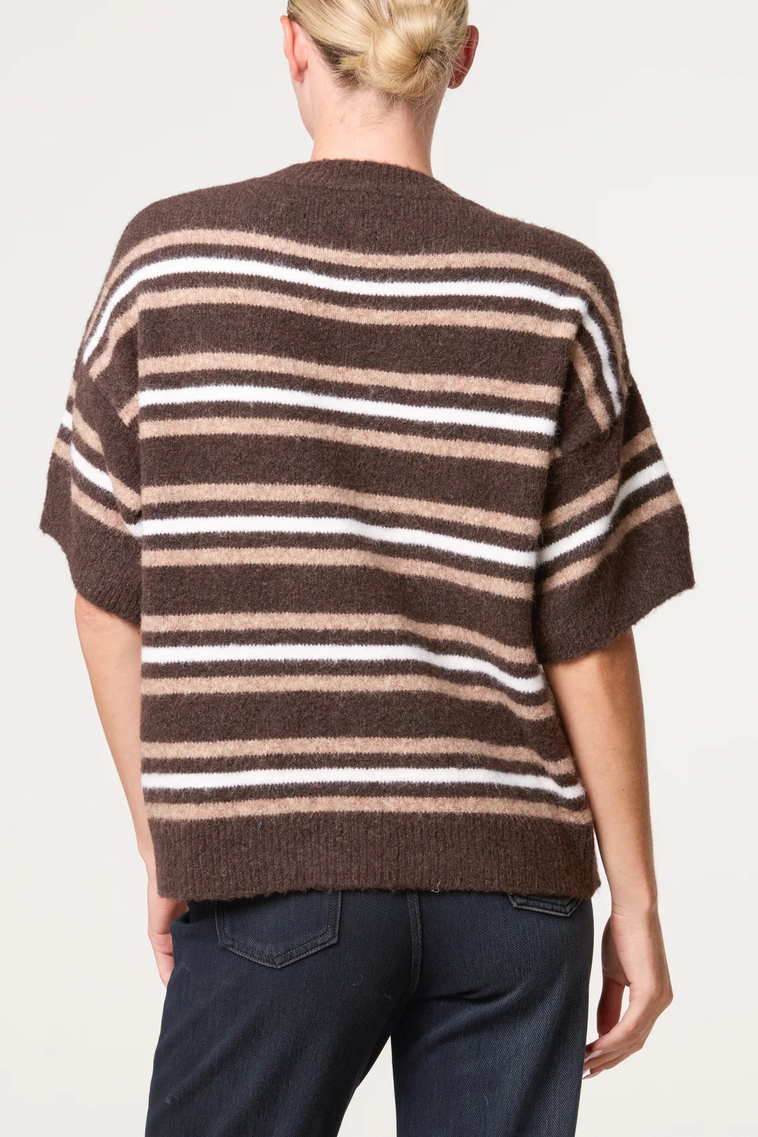 Striped knit short sleeve jumper - chocolate