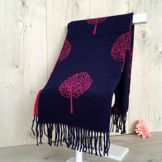 Tree pattern reversible winter scarf - Indigo & pink