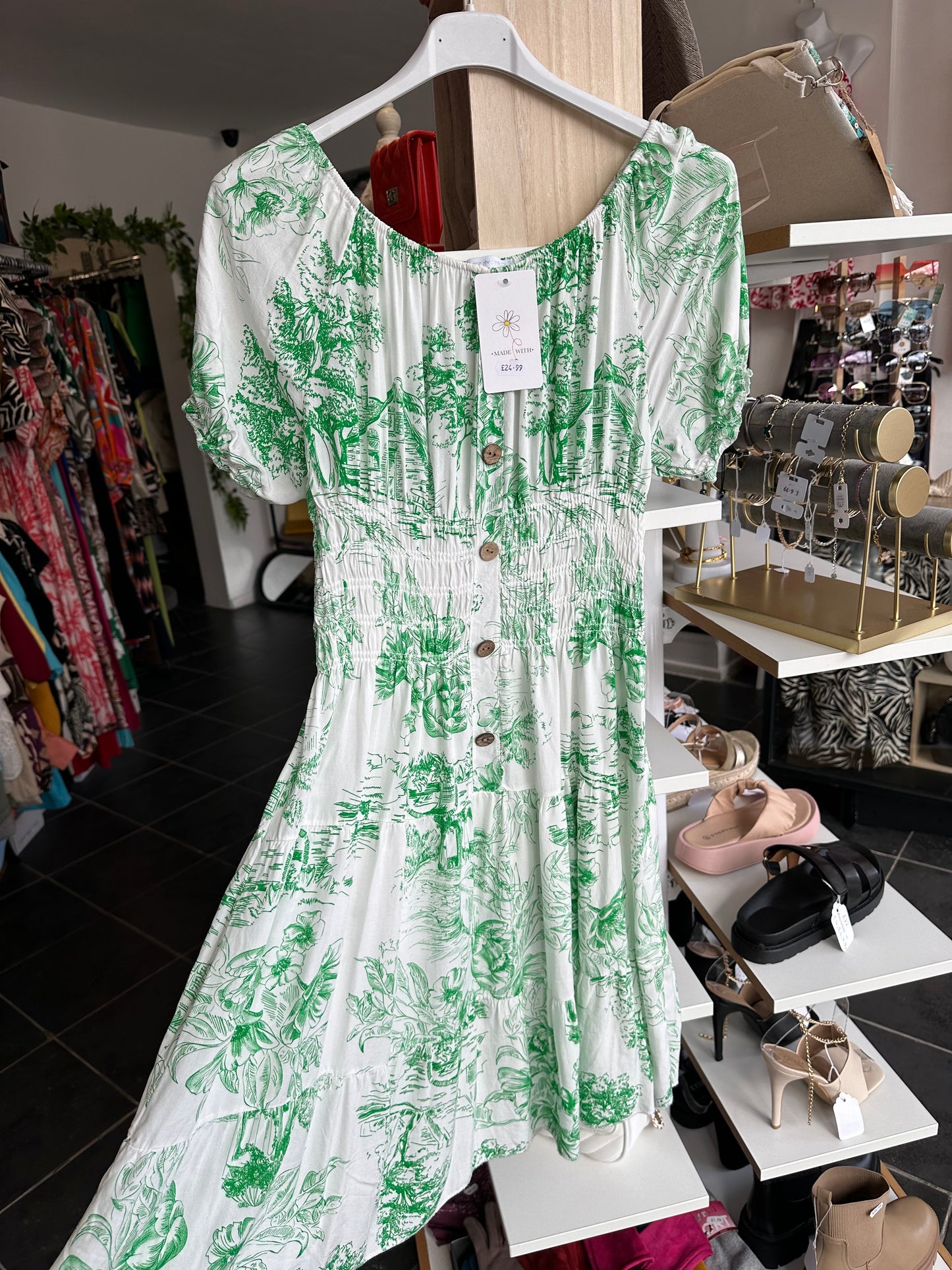 Green floral shirred waist button down dress