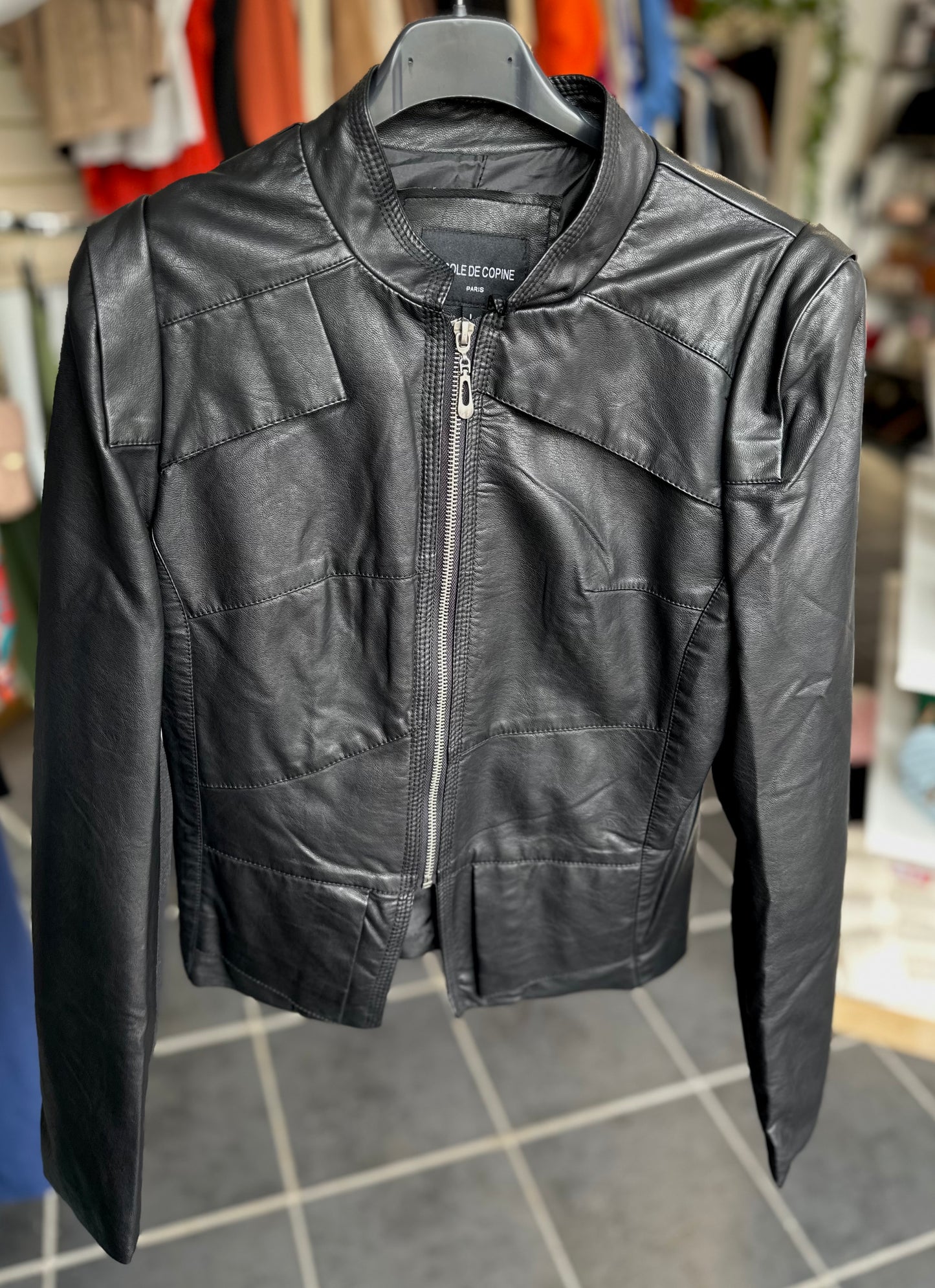 Black slight-crop fitted faux leather jacket