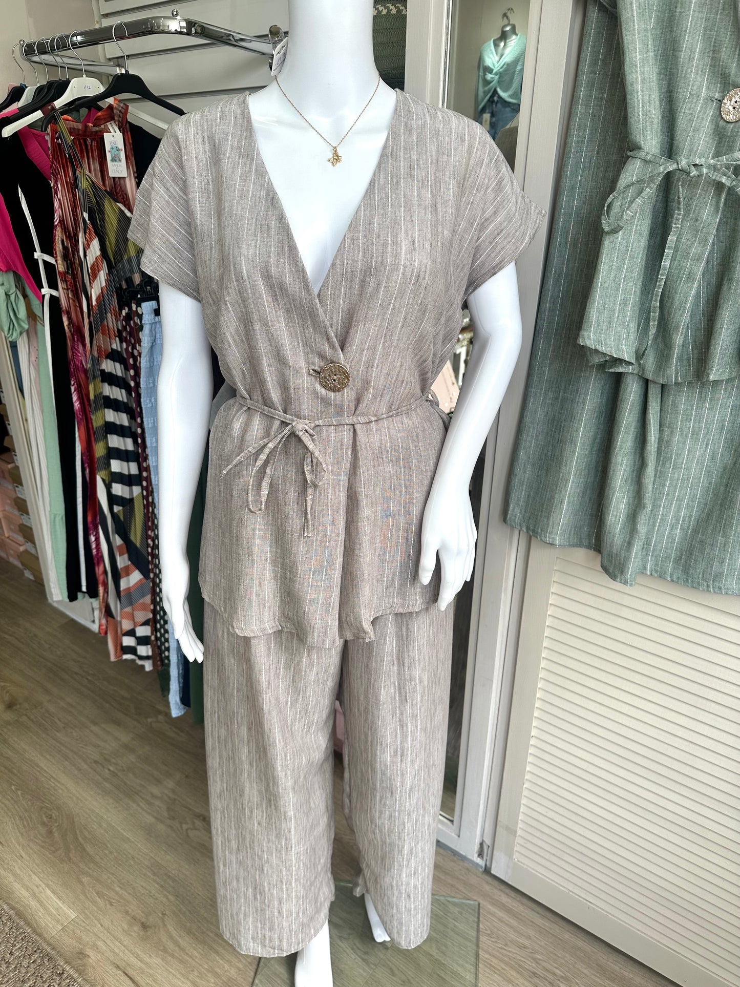 Beige striped waistcoat & trouser co ord