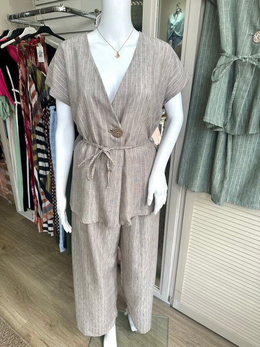 Beige striped waistcoat & trouser co ord