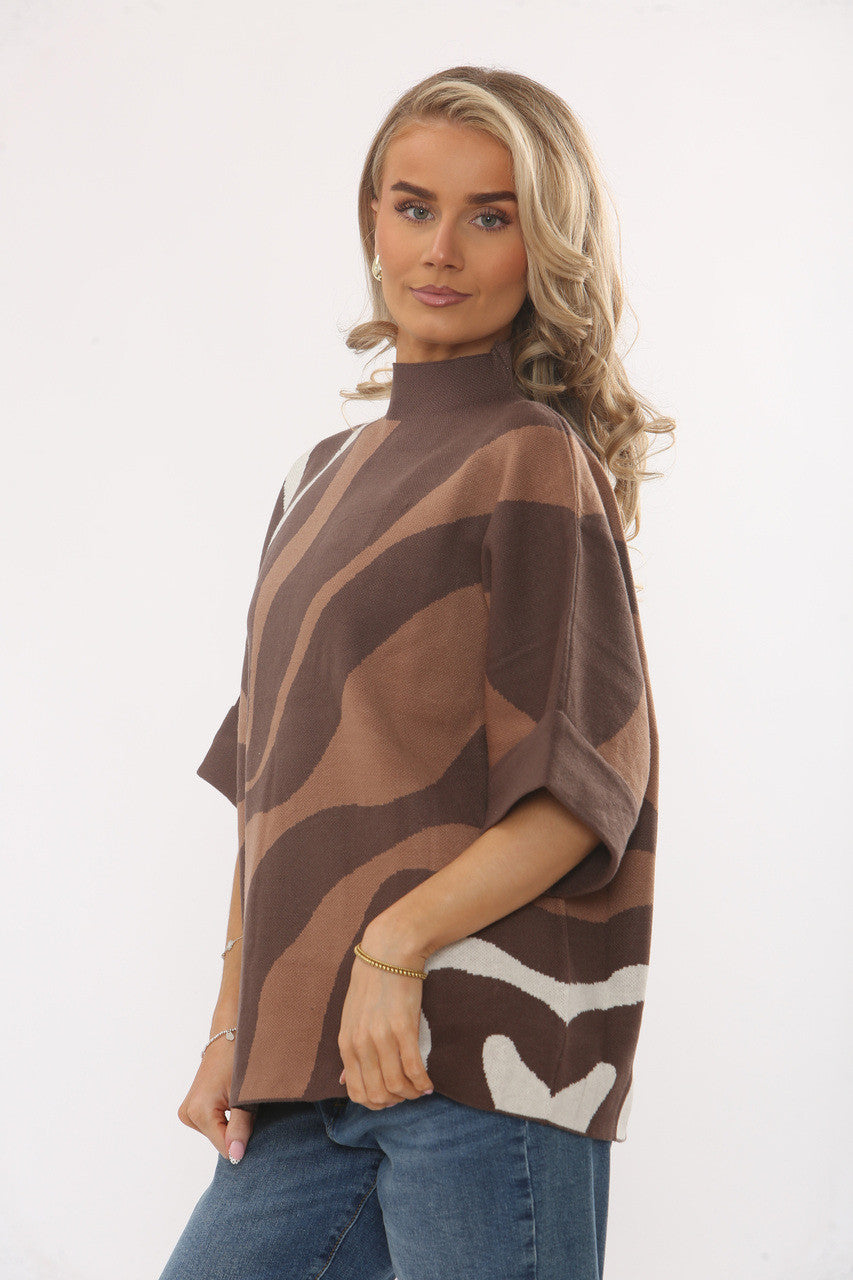 Abstract wave knit jumper - coffee