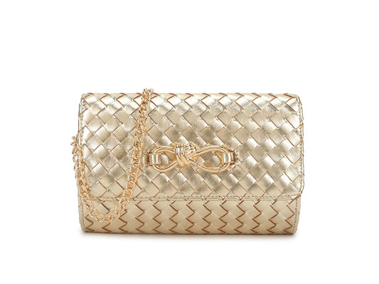 Woven clutch bag with gold chain strap - Gold