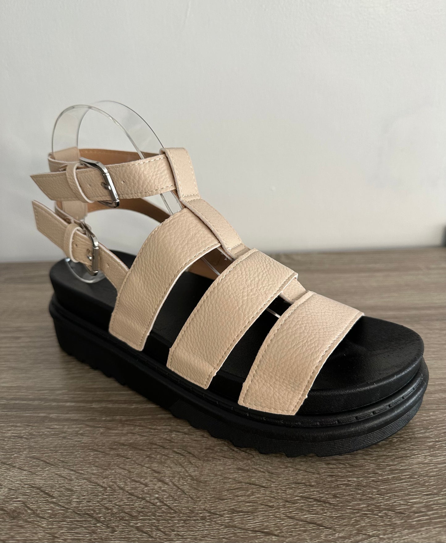 Beige & black double strap chunky platform sandals