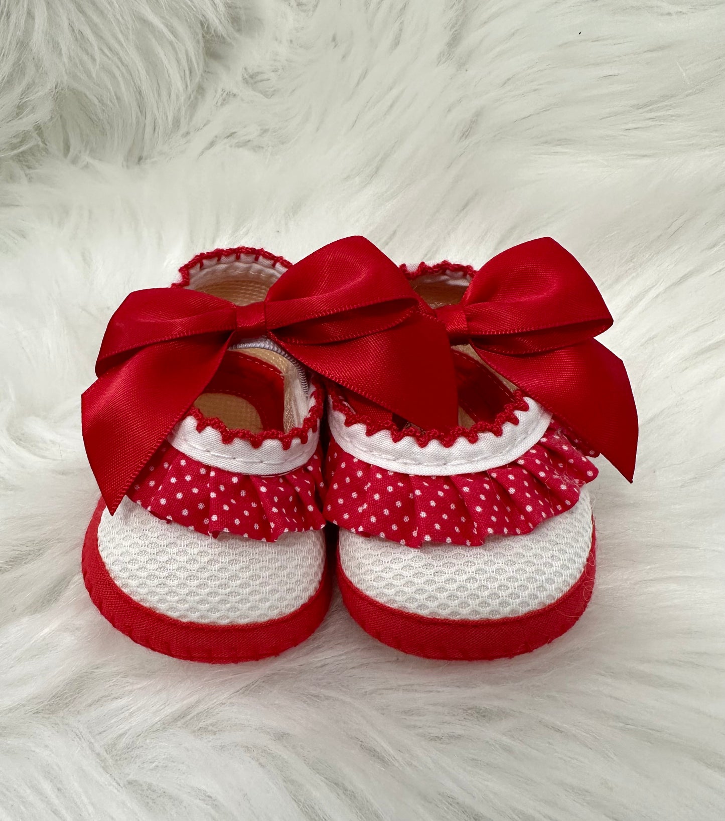 Baby red & white polka dot lace and bow detail booties