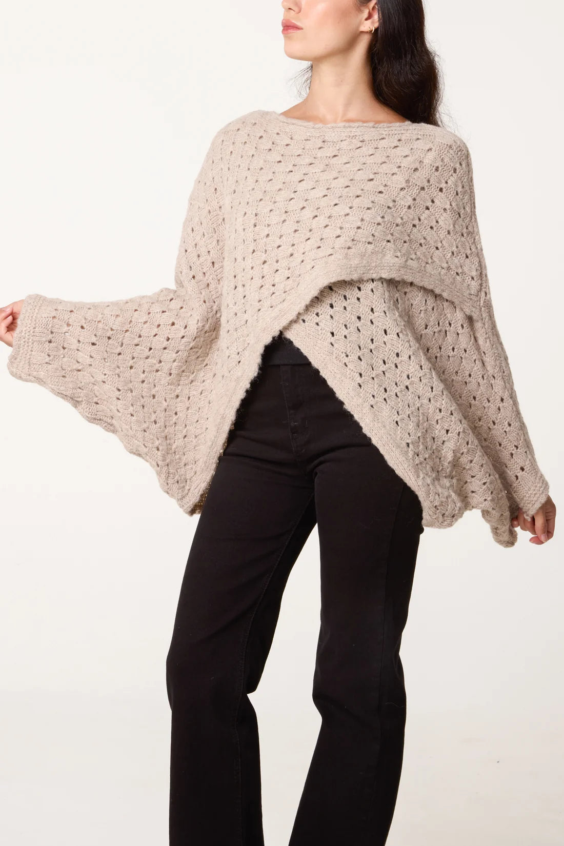 Wrap over asymmetric hem knit top - Stone