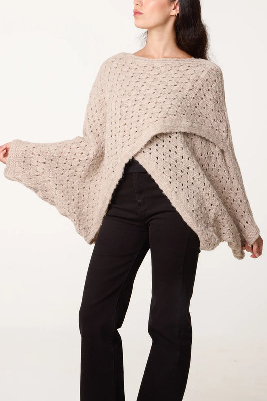 Wrap over asymmetric hem knit jumper - Stone