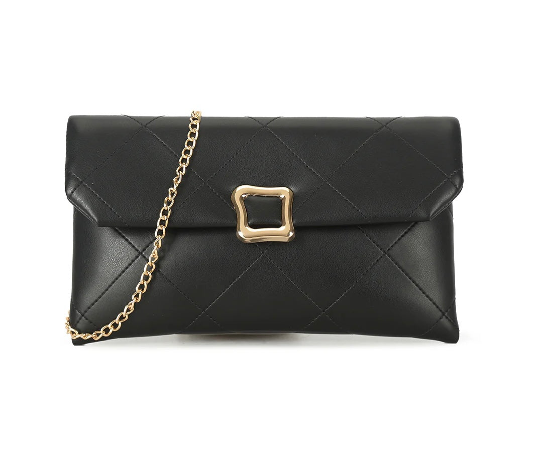 Quilted Envelope Clutch Bag with Gold Chain Strap – Black