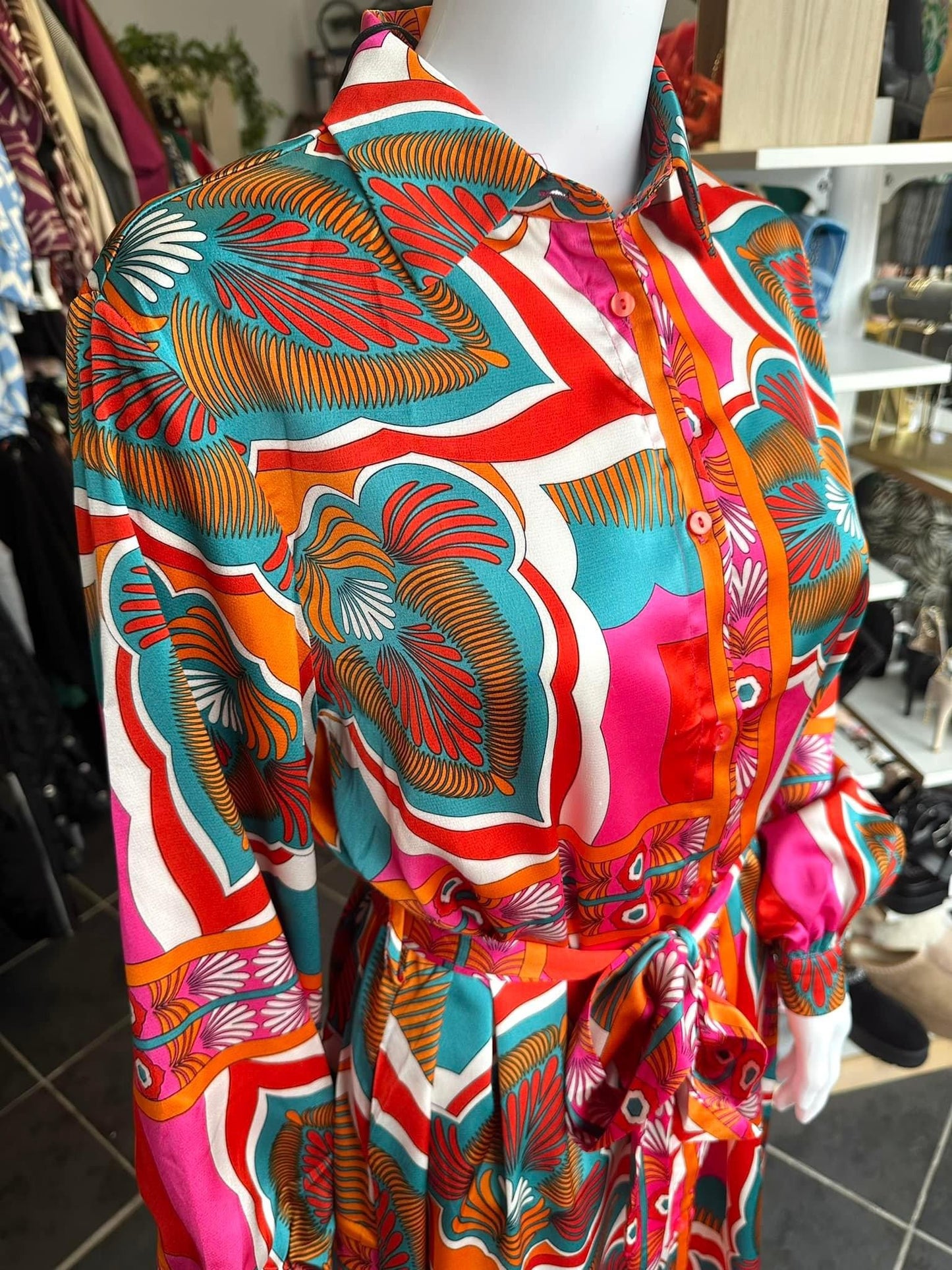 Multi colour patterned button down shirt dress