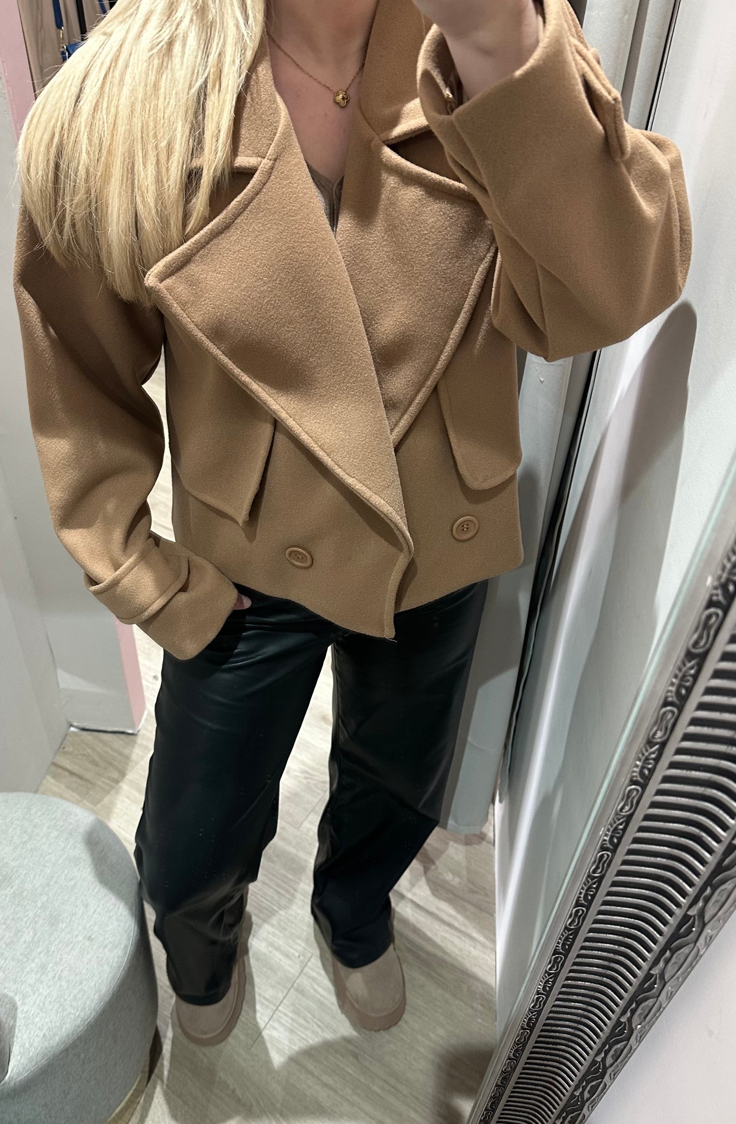 Short length trench coat in camel