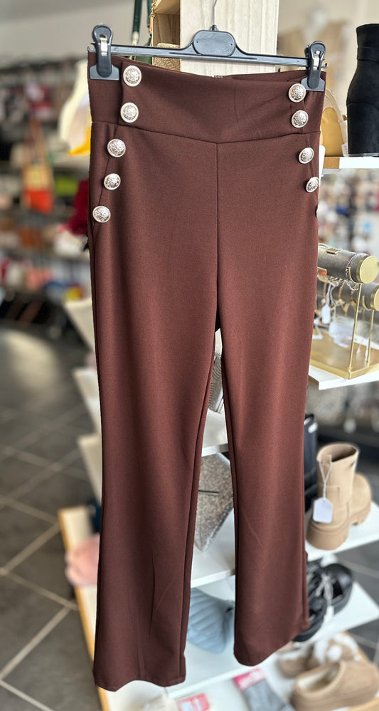 Brown high waisted button detail flared trousers