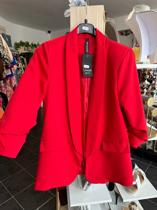 Ruched sleeve open blazer - Red