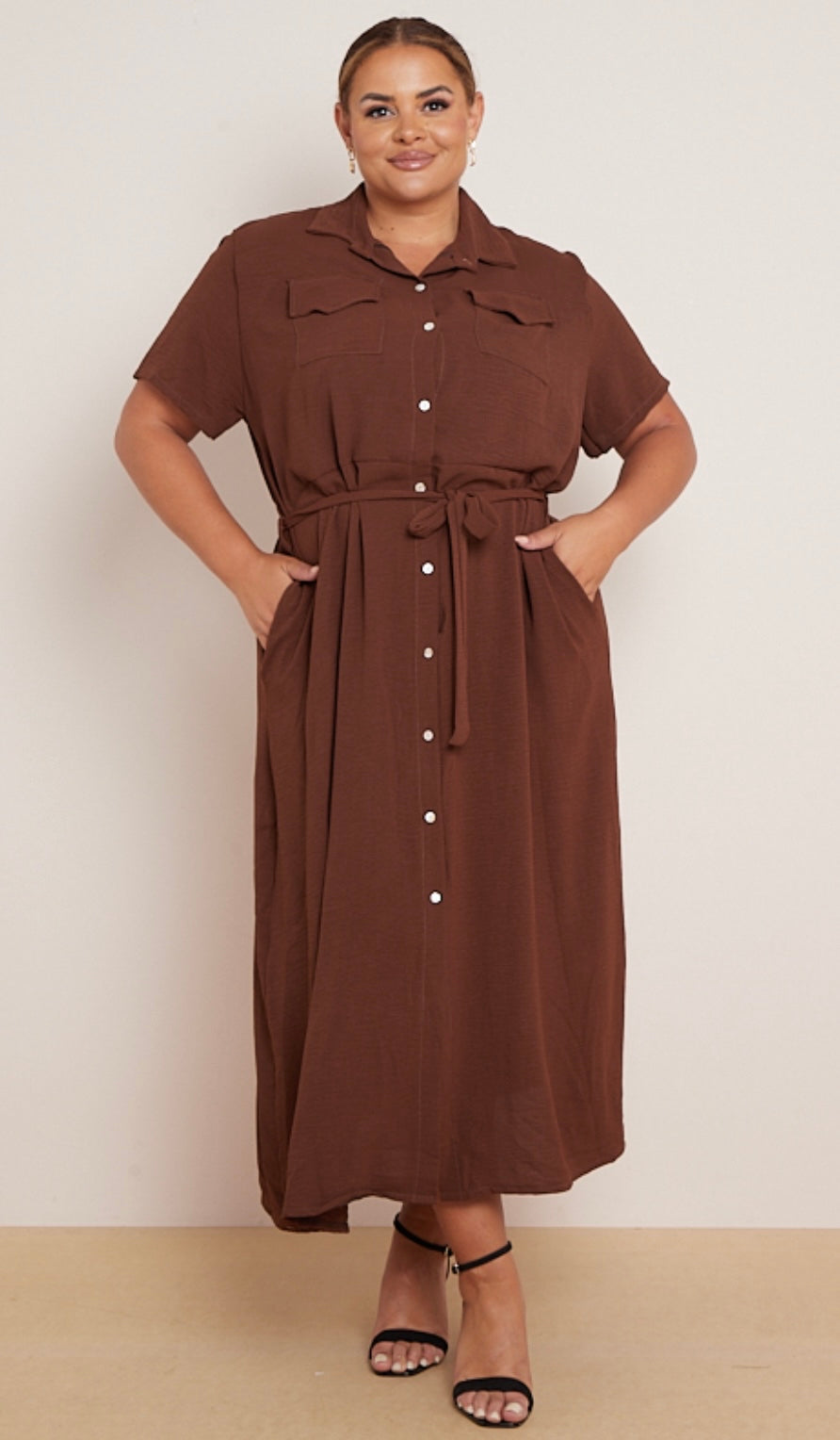 Brown plus size maxi shirt dress