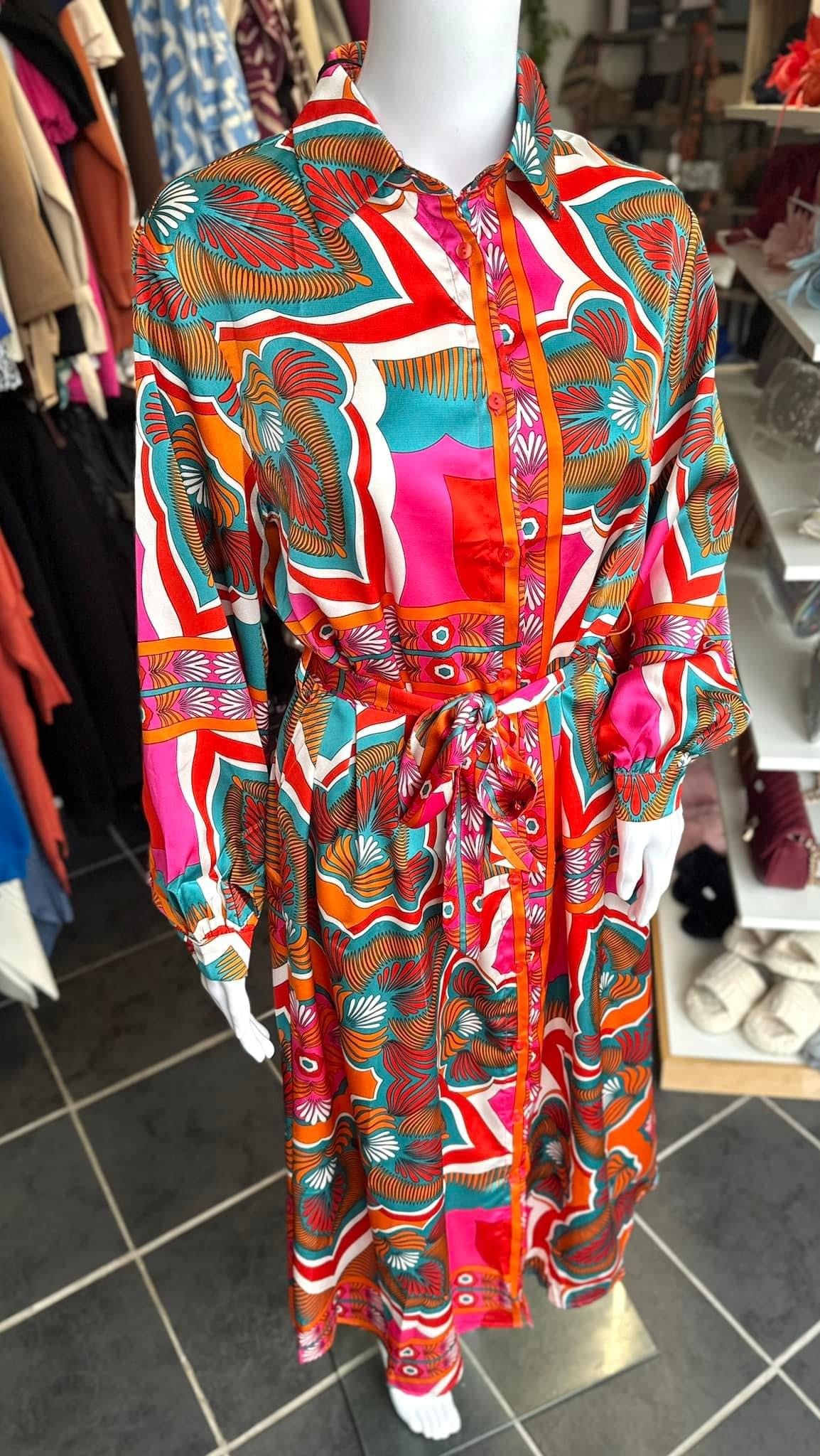 Multi colour patterned button down shirt dress