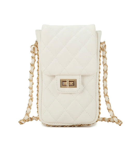 Faux leather quilted crossbody bag with weave chain detail strap - White