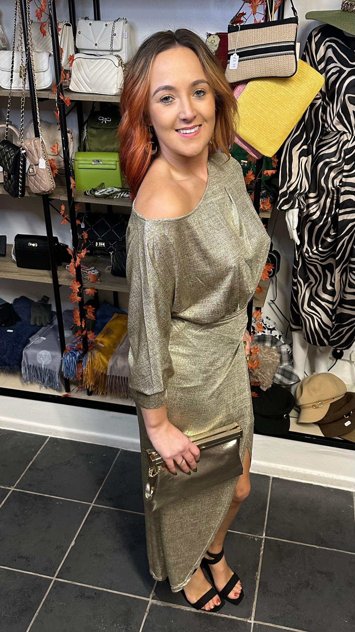 Gold metallic drop shoulder midi dress