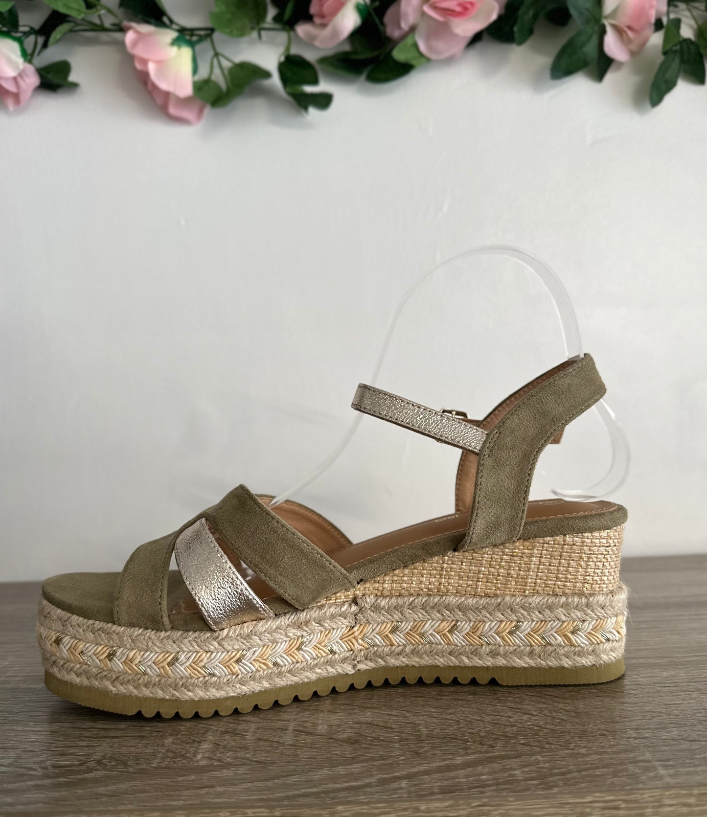 Khaki & gold espadrille wedges