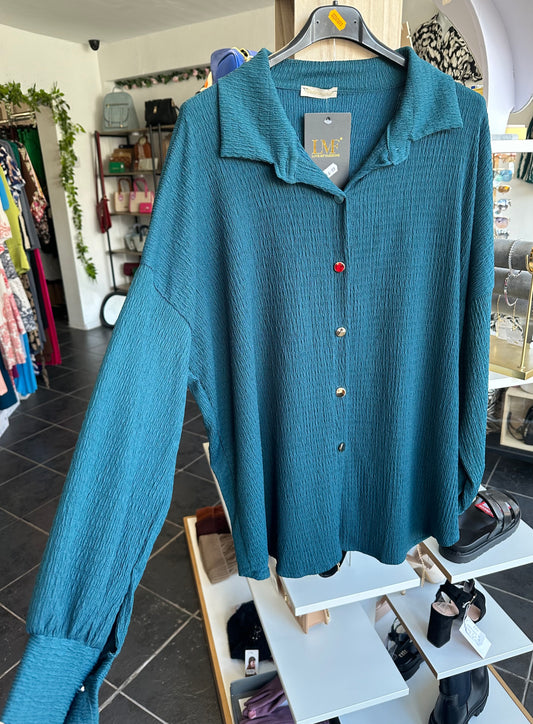 Teal textured shirt with gold buttons