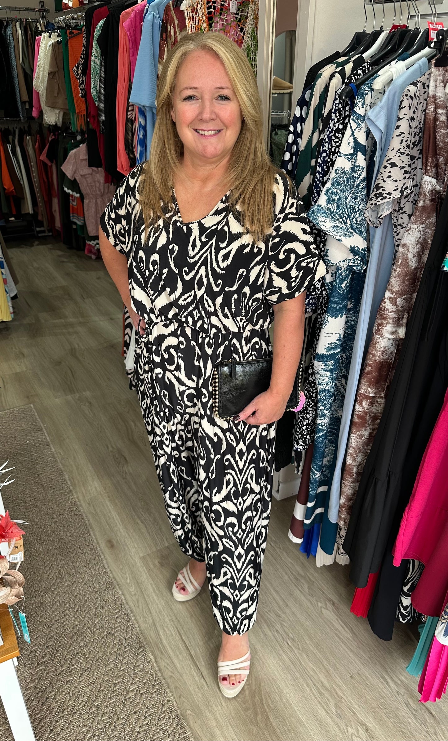 Curve size black and beige printed tie waist jumpsuit