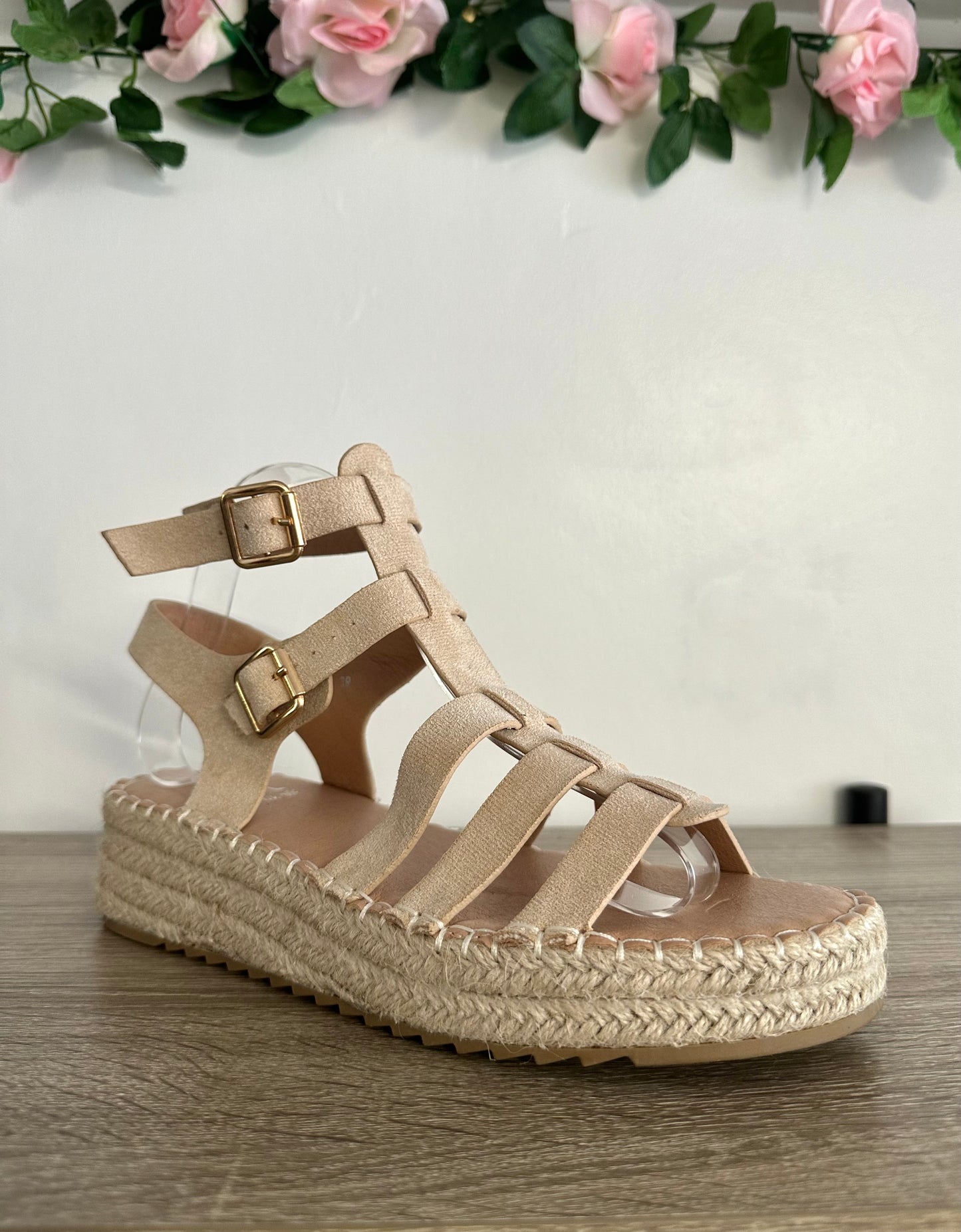 Beige espadrille wedge sandals