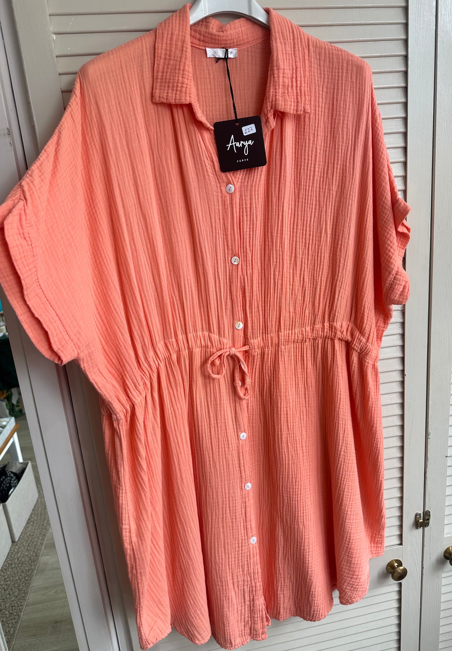 Curve fit orange cheesecloth drawstring waist button down dress / shirt