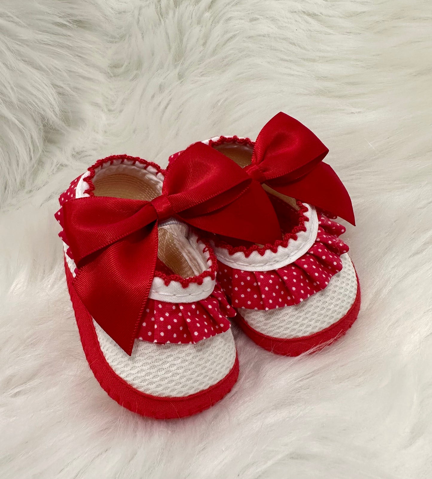 Baby red & white polka dot lace and bow detail booties