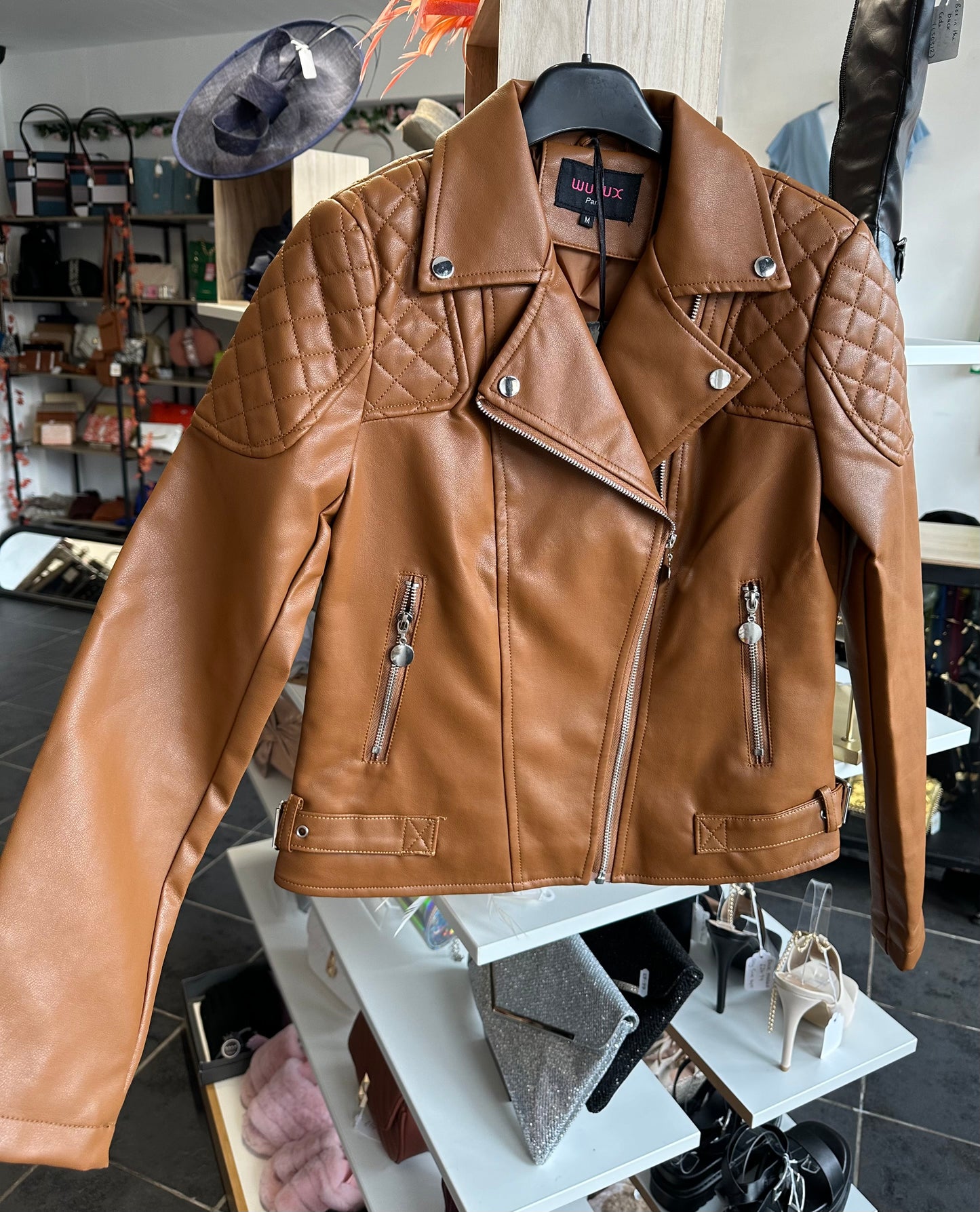 Brown faux leather quilted cross biker jacket (small fitting)