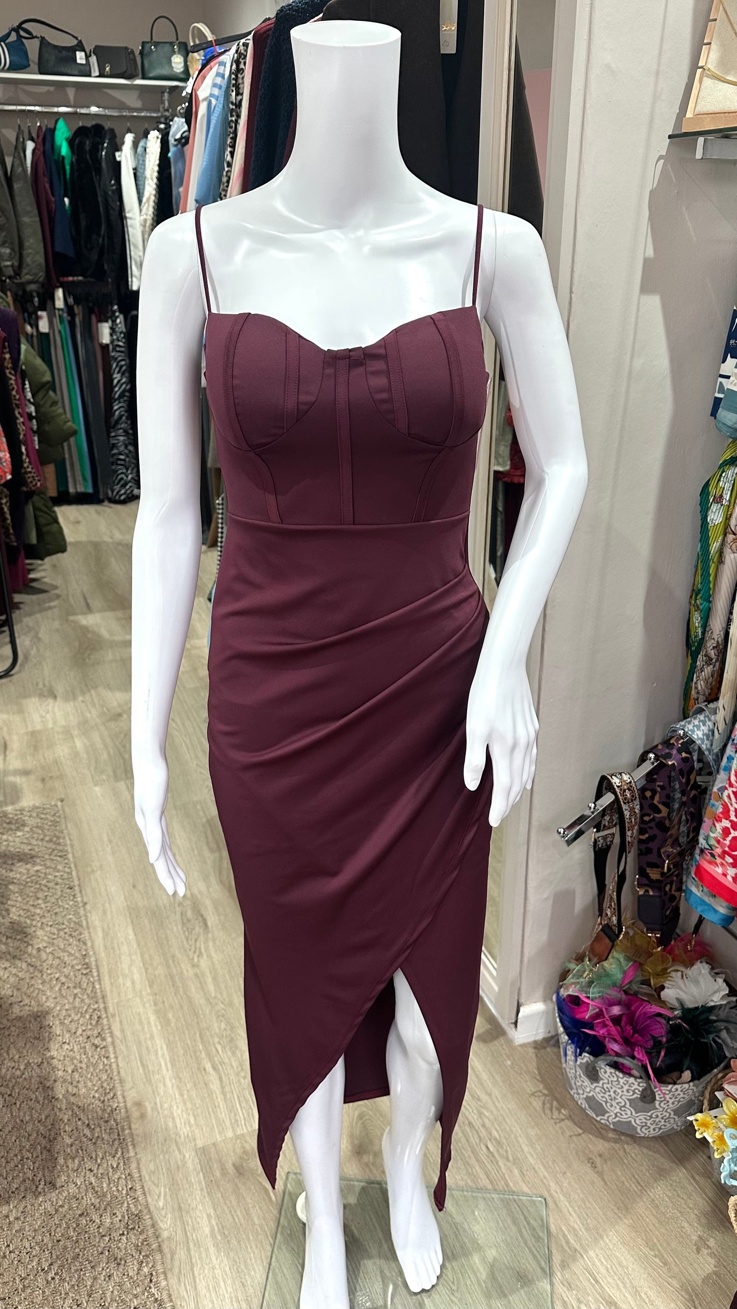 Plum wrap midi dress with adjustable straps