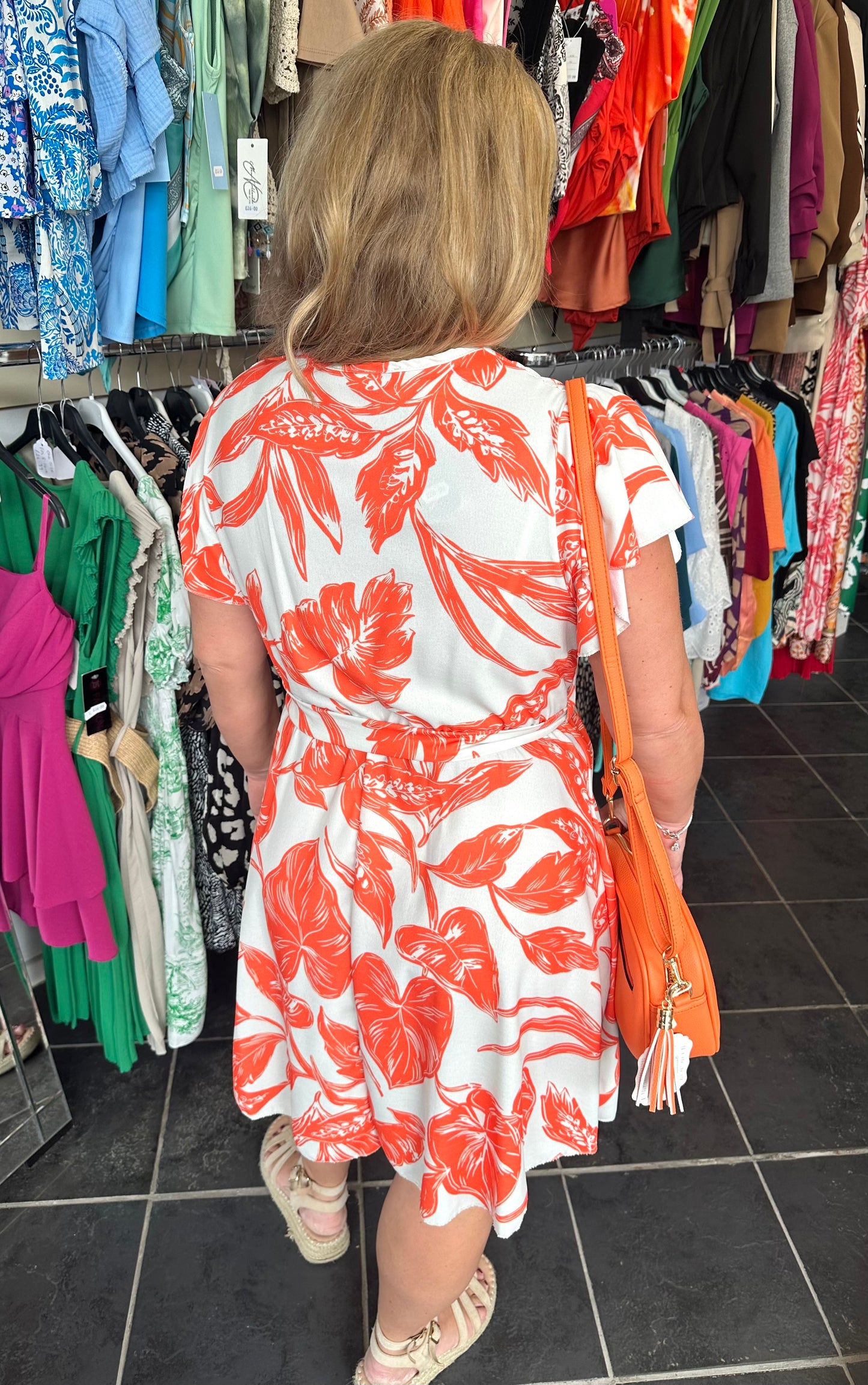 Orange floral tie waist dress