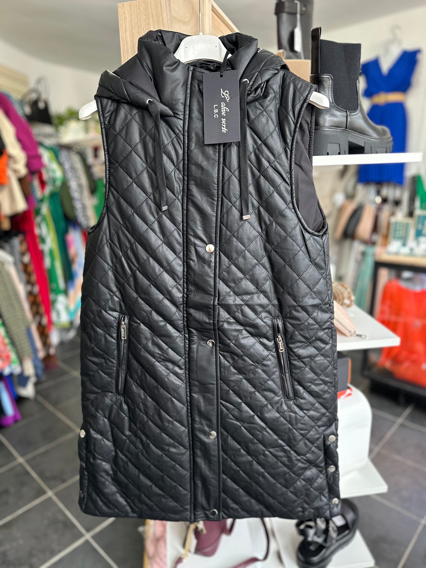 Black quilted faux leather long hooded gilet