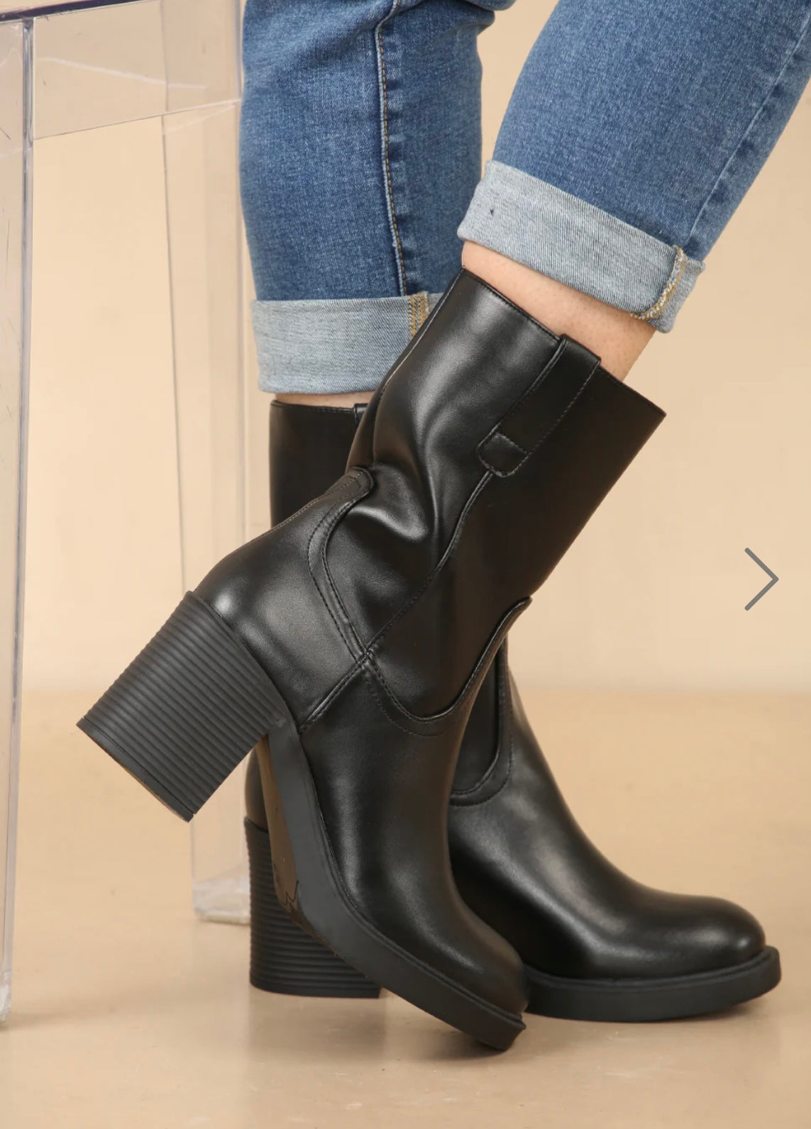 Black Mid-Calf Block Heel Boots