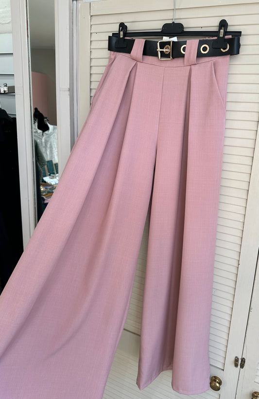 Pink high waisted wide leg trousers with belt